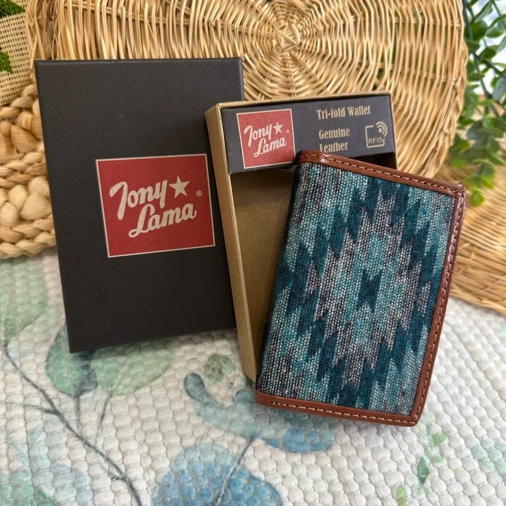 New Tony Lama Tri-Fold Wallet RFID Blue Aztec Canvas Leather Cowboy Western